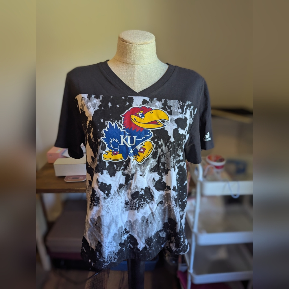 Adidas KU Kansas Jayhawks Shirt Womens Size XL Black White Tie‎ Dye Cotton Blend